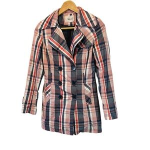 Red, Black & White Plaid Nylon Double Breasted Button Up Short Trench Coat S